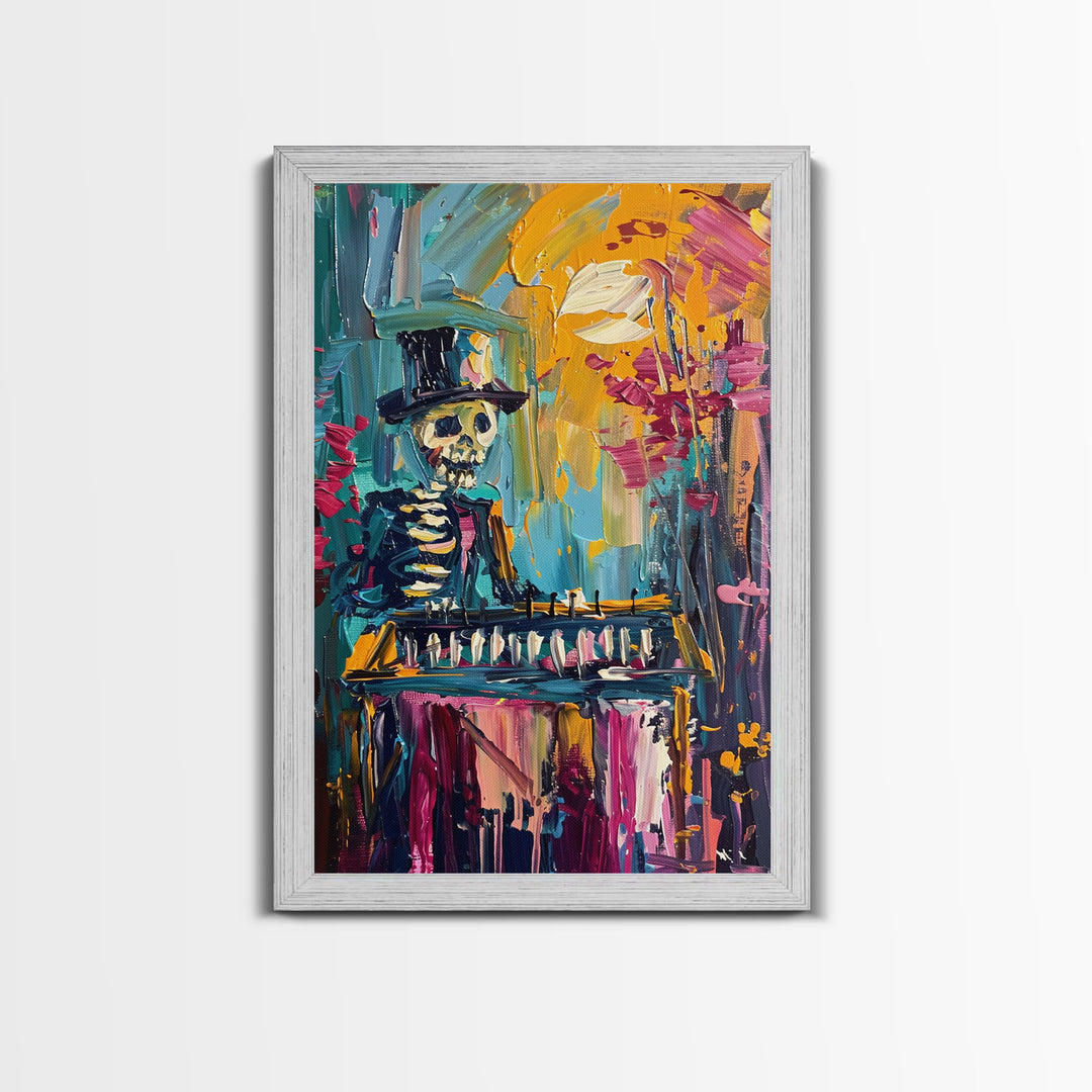 Colorful Skeleton with Top Hat Framed Canvas Print, Halloween Art, Creepy Wall Art, Spooky Home Decor, Scary Art, Vibrant Living Room Decor