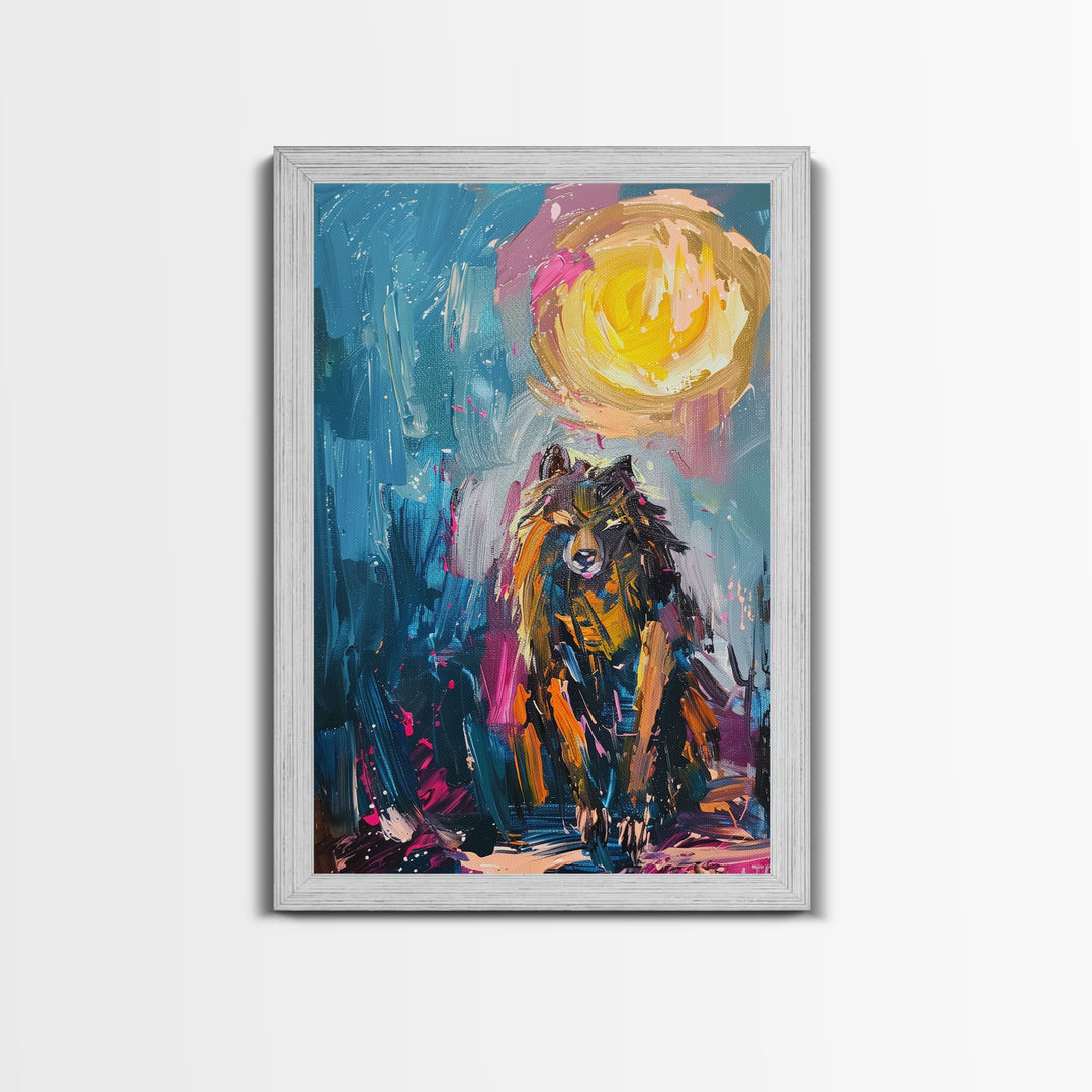 Halloween Art of a Werewolf in a Dress Eating Pizza Under the Moonlight, Perfect for Adding a Playful Touch to Spooky Decor