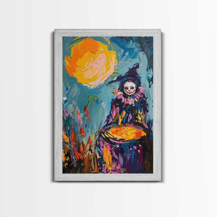 Colorful Witch Mixing Potions Framed Canvas Print | Halloween Witch Art | Vibrant Witch Decor for Home | Whimsical Halloween Artwork