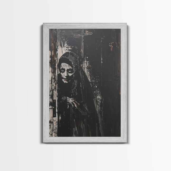 Haunted Nun with Eerie Expression, Framed Canvas Print, Gothic Halloween Art, Spooky Religious Decor, Scary Nun Painting, Gothic Home Art