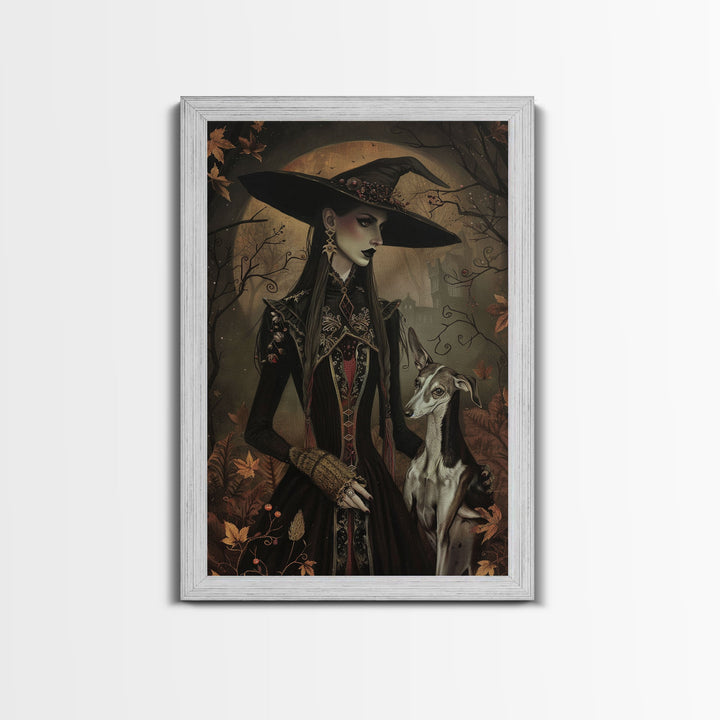 Gothic Witch with Elegant Dog, Framed Canvas Print, Dark Witch Art, Victorian Witch, Halloween Witch Decor, Gothic Home Decor