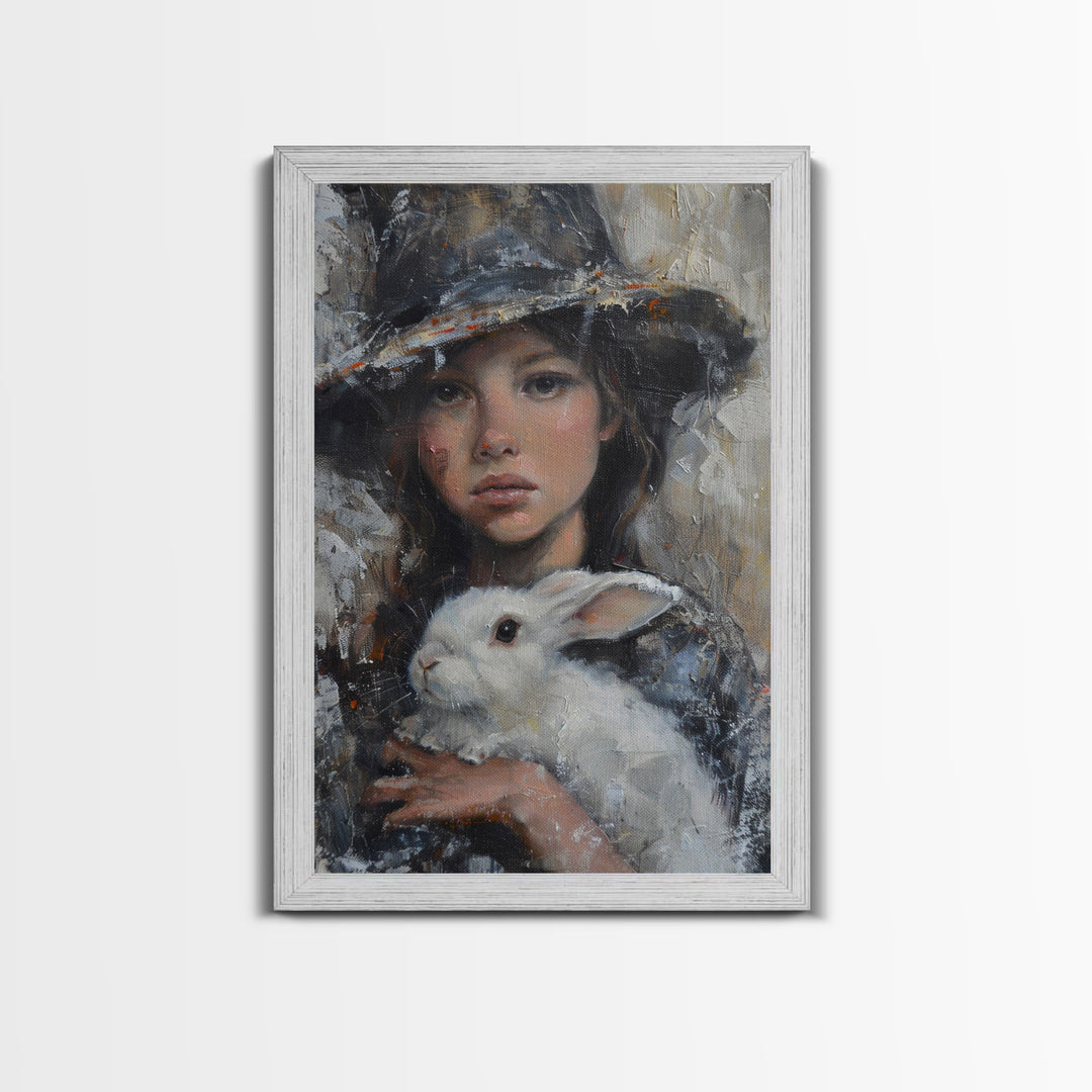 Enchanting Witch with White Rabbit in Serene Autumn Setting - Mystical Forest Art Framed Canvas Print, Halloween Home Decor