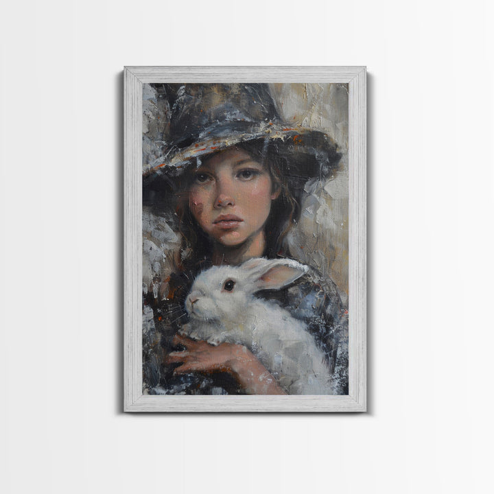 Enchanting Witch with White Rabbit in Serene Autumn Setting - Mystical Forest Art Framed Canvas Print, Halloween Home Decor