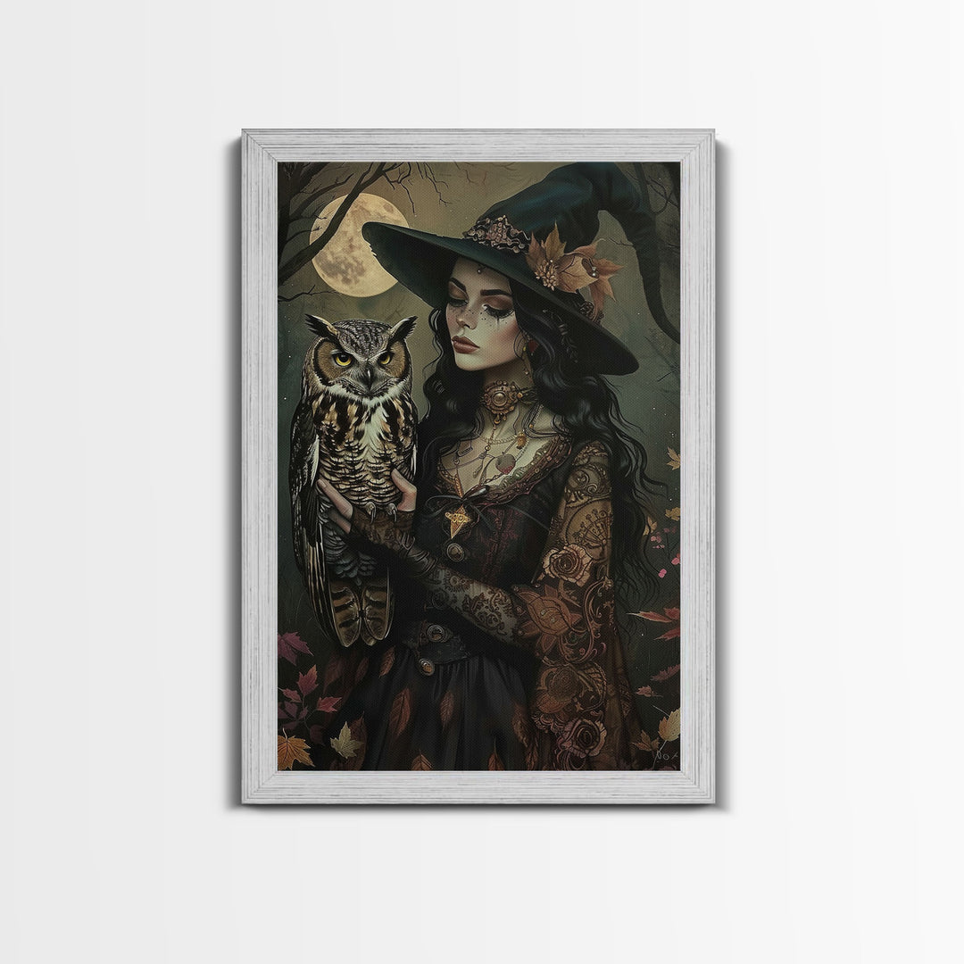 Mysterious Witch with Owl Companion - Moonlit Enchantment, Mystical Beauty Framed Canvas Print, Halloween Wall Art