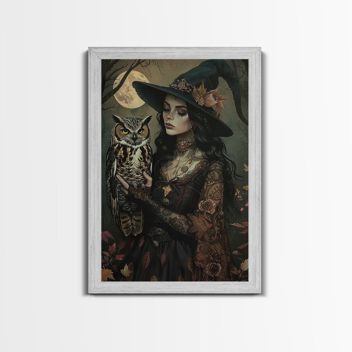Mysterious Witch with Owl Companion - Moonlit Enchantment, Mystical Beauty Framed Canvas Print, Halloween Wall Art