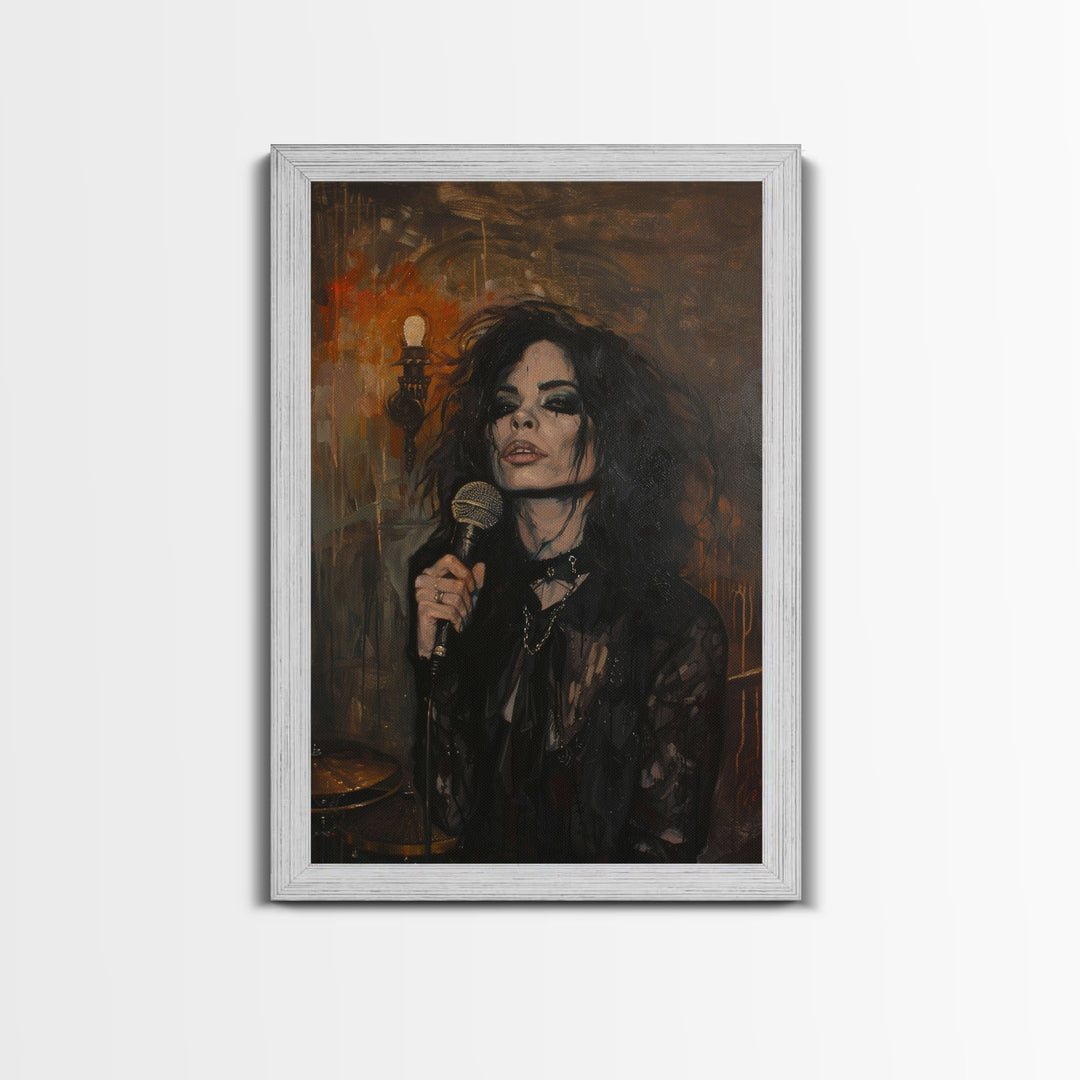 Gothic Singer with Dark Makeup - Halloween Art, Gothic Art, Spooky Decor Haunted Concert Dark Music Art, Eerie Portrait, Framed Canvas Print