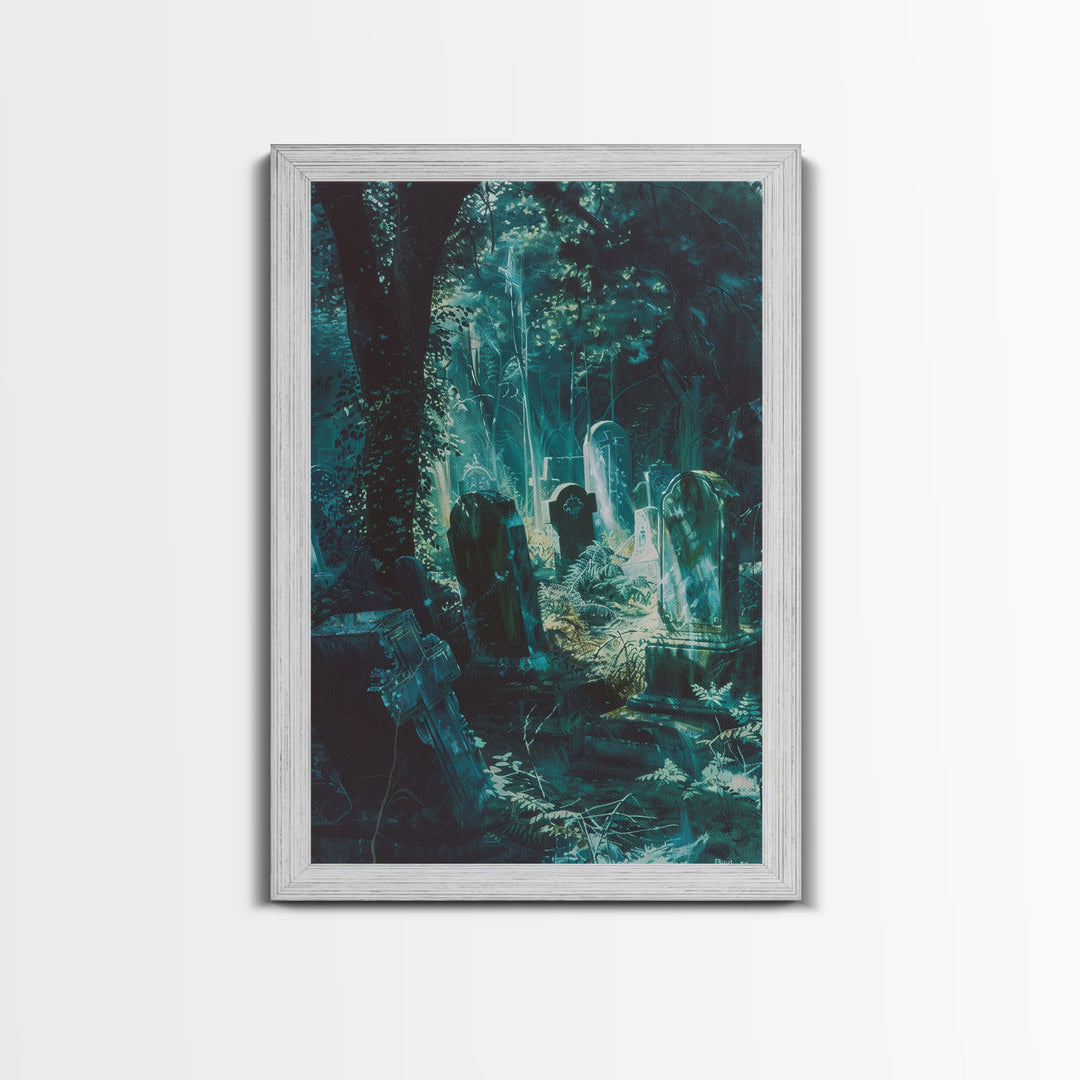 Haunted Graveyard Framed Canvas Print, Halloween Wall Art, Spooky Cemetery, Midnight Shadows, Haunted Forest, Ghostly Vibes, Gothic Decor