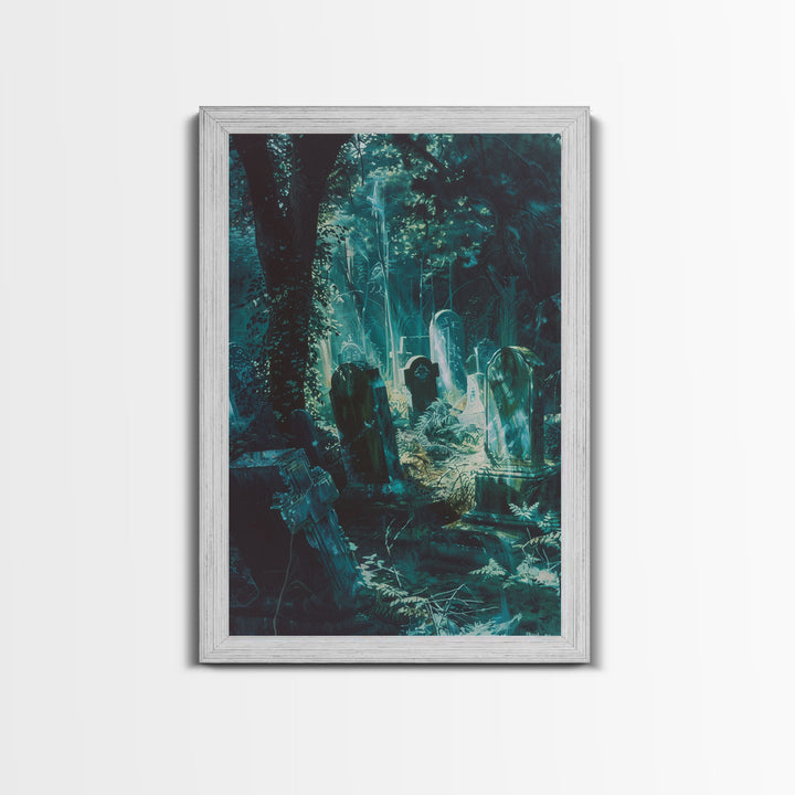 Haunted Graveyard Framed Canvas Print, Halloween Wall Art, Spooky Cemetery, Midnight Shadows, Haunted Forest, Ghostly Vibes, Gothic Decor