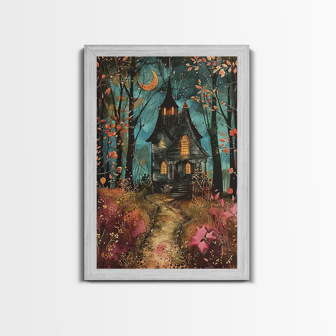 Enchanted Forest Pathway Framed Canvas Print, Haunted Woods Art, Halloween Night, Spooky Path Decor, Mysterious Artwork, Framed Canvas Print