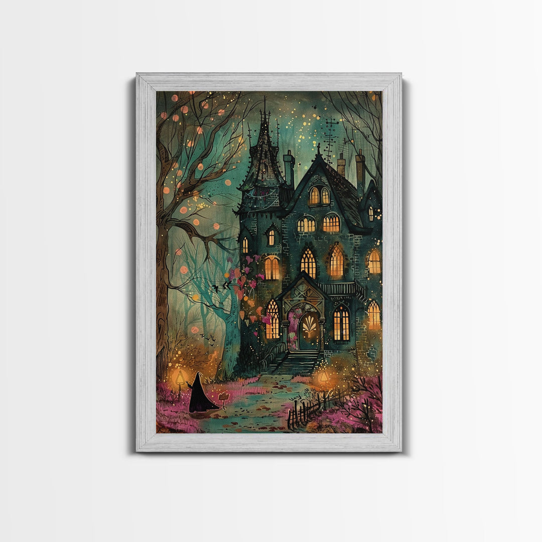 Haunted Mansion On Halloween, Framed Canvas Print, Spooky Vibes Wall Art
