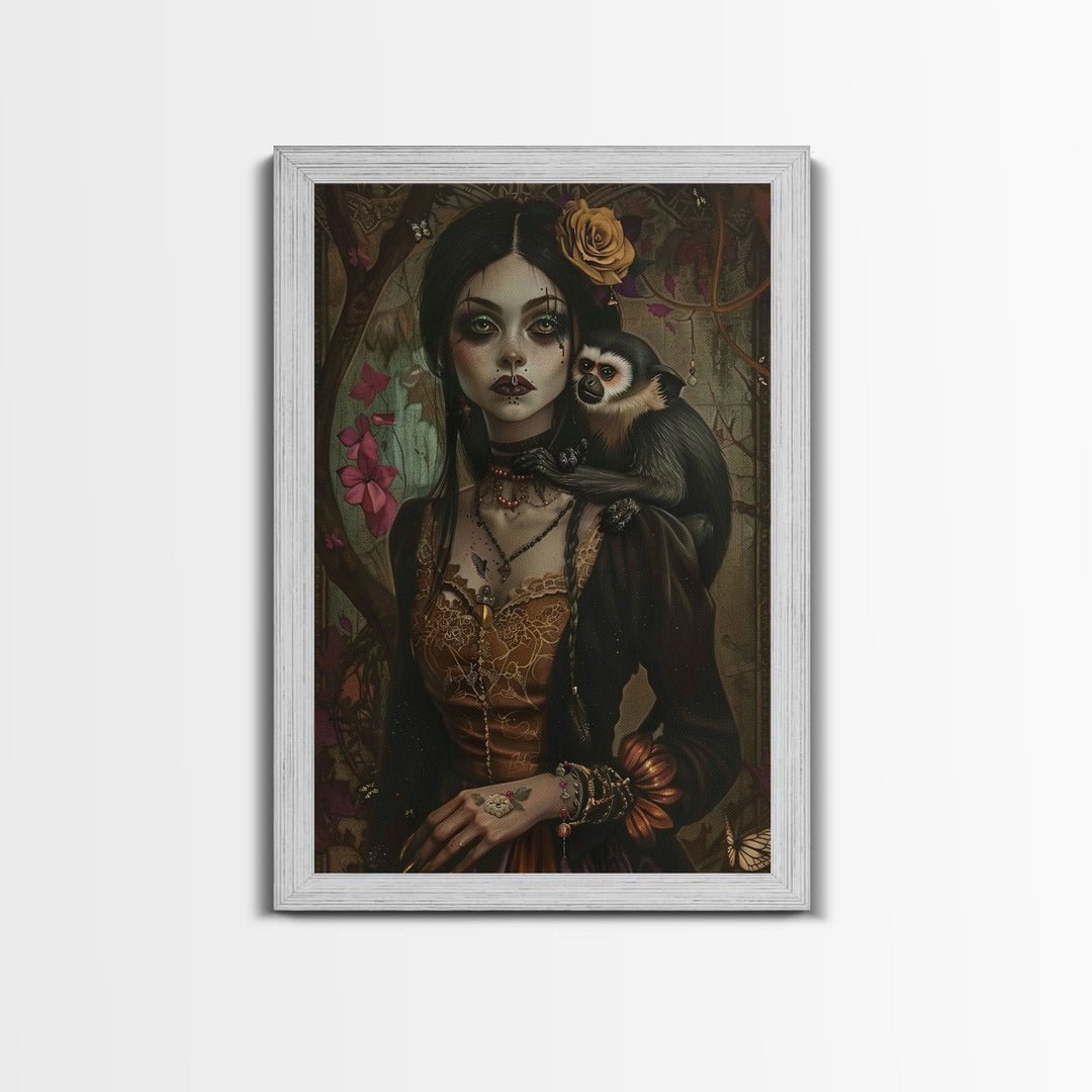 Spooky Halloween Witch Wall Art, Framed Canvas Prince, Halloween Decor, Halloween Gift Spooky Season, Cottage Core Witch and Monkey Familiar
