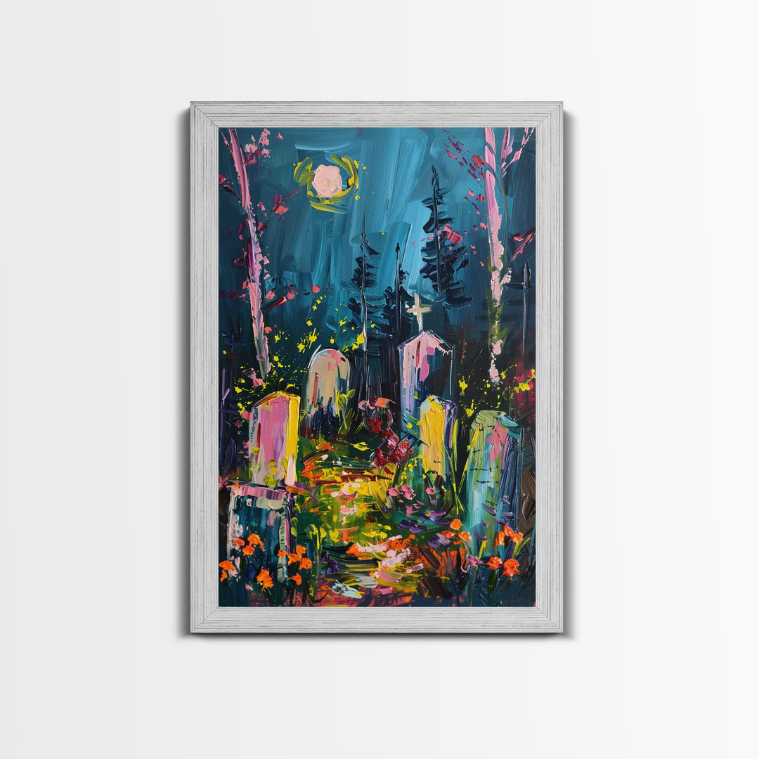 Colorful Cemetery Under Full Moon Framed Canvas Print, Wall Art, Vibrant Home Decor, Halloween Graveyard Painting Spooky Art Halloween Decor