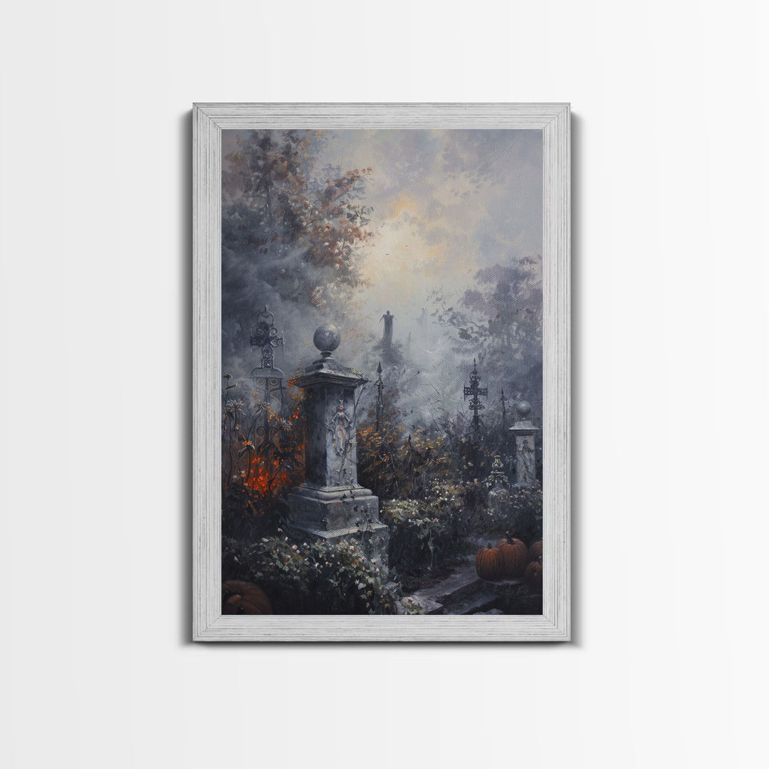 Gothic Cemetery with Statues Framed Canvas Print, Halloween Wall Art, Haunted Graveyard, Home Decor, Spooky Art, Living Room Decor, Gothic