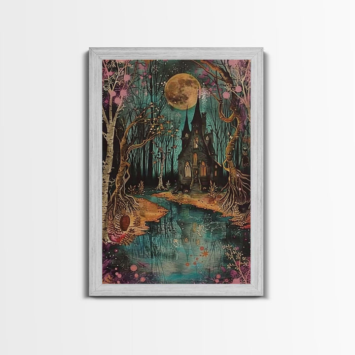Haunted Castle by the Lake Framed Canvas Print, Halloween Wall Art, Spooky Art, Home Decor, Living Room Decor, Gothic Artwork, Creepy Castle