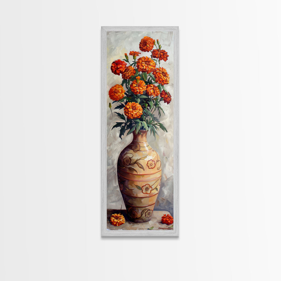 Orange Marigolds in Vase Painted on Textured Canvas, Tall and Narrow Framed Art, Botanical Art Print for Kitchen, Gallery Art, Moody Art