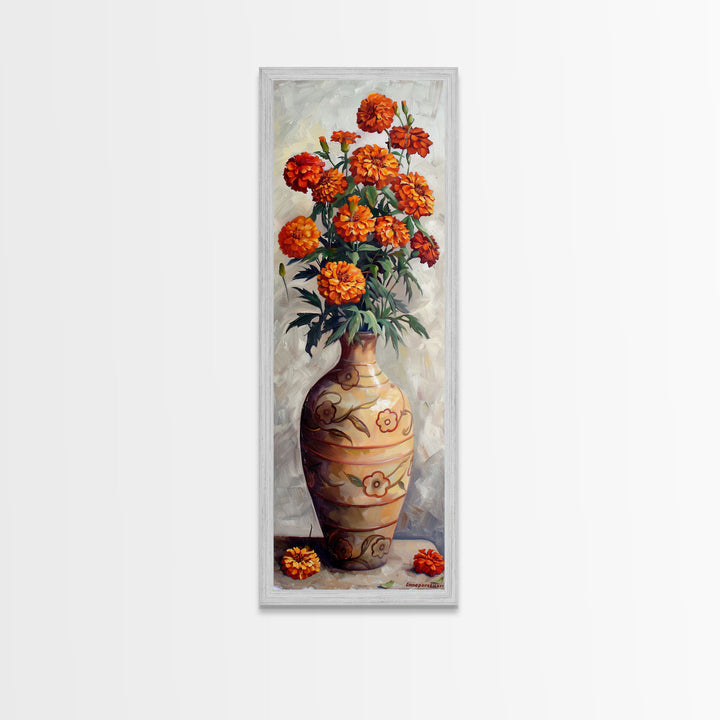 Orange Marigolds in Vase Painted on Textured Canvas, Tall and Narrow Framed Art, Botanical Art Print for Kitchen, Gallery Art, Moody Art