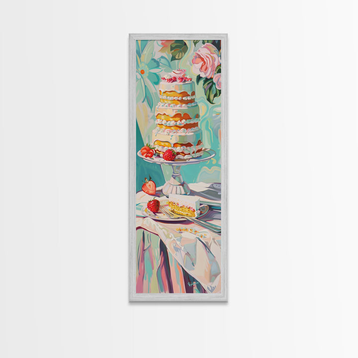 Cake Wall Art Framed and Printed on Canvas, Wall Art for Kitchen or Bakery, Food Art Print, Tall and Narrow Colorful Art for Kitchen
