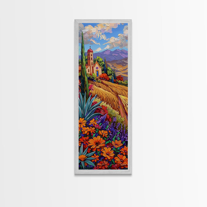 Framed and Printed Canvas Painting of Colorful Tuscan Countryside, Gouache Textured Canvas Painting, Botanical Wall Art Print, Skinny Art