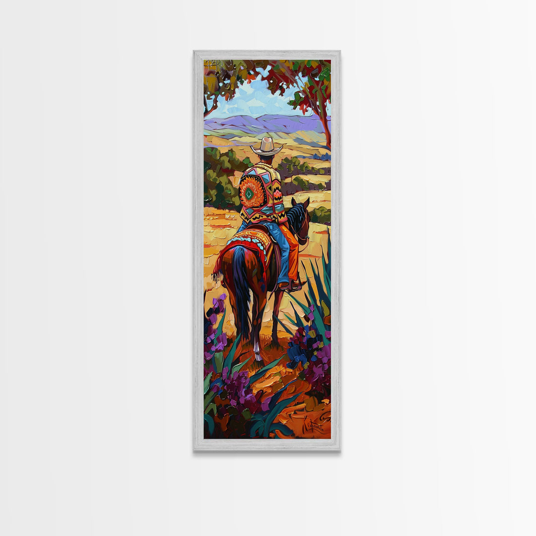 Long Narrow Wall Art Painting of Jalisco Cowboy, Southwest Wall Art Painting, Colorful Desert Canvas Painting Framed and Printed, Office Art