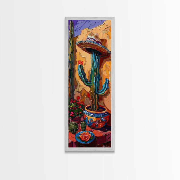 Colorful Canvas Painting of Mexican Saguaro Cactus Framed, Southwest Home Decor, Western Wall Art for Living Room, Housewarming Gift for Her