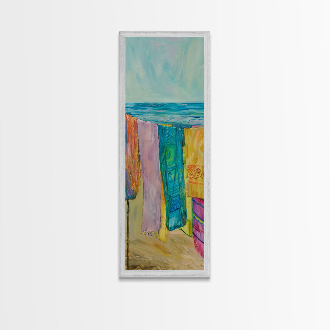Colorful Laundry on Beach Landscape Art Print, Vertical Oversized Living Room Canvas Print Framed, Framed Wall Art for Laundry Room