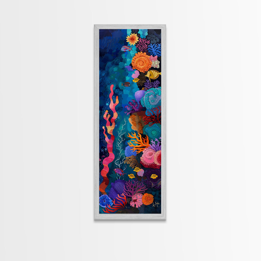 Colorful Underwater Art Print, Vibrant Wall Art Framed on Canvas, Black Light Poster, Fish Poster Art, Vertical Canvas Art, Living Room Art