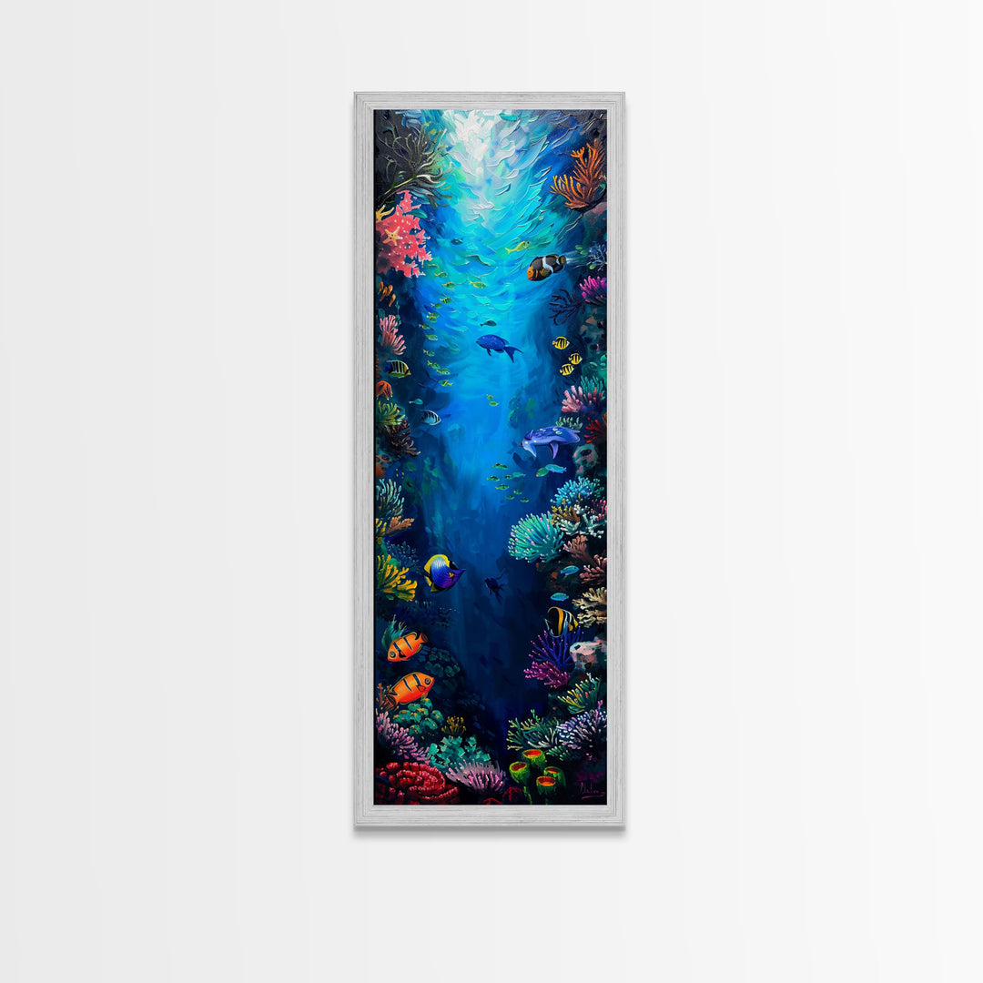Oversized Vertical Framed Canvas Painting of Colorful Coral Reef, Ocean Painting Framed, Ocean Landscape Wall Art Print, Vibrant Art