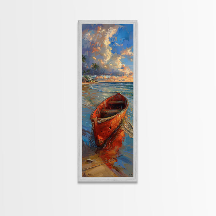 Red Boat on Sandy Shore with Palm Trees - Framed Canvas Print, Midcentury Modern Wall Art, Skinny Art, Tall Art, Living Room Decor