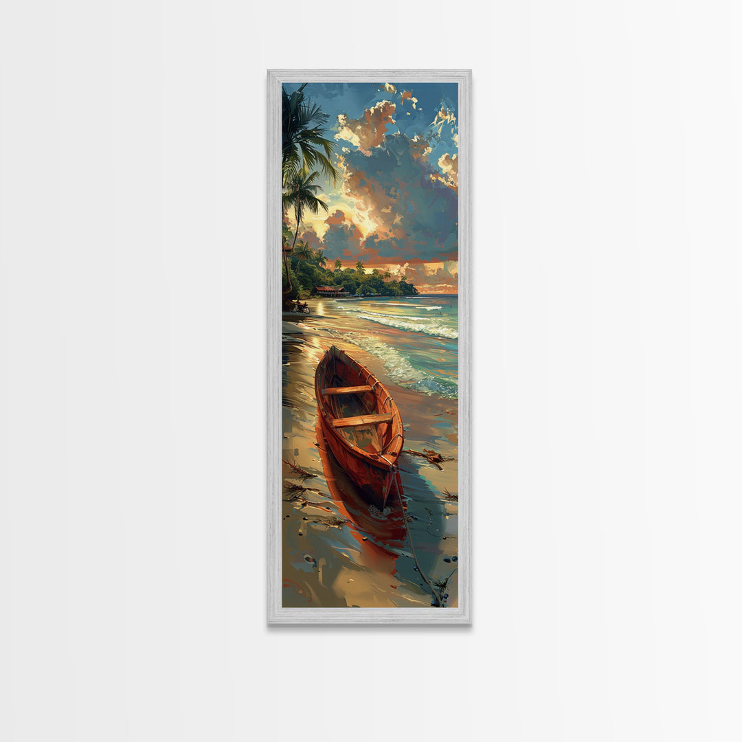 Red Boat Resting on the Shoreline - Framed Canvas Print, Midcentury Modern Wall Art, Skinny Art, Tall Art, Living Room Decor
