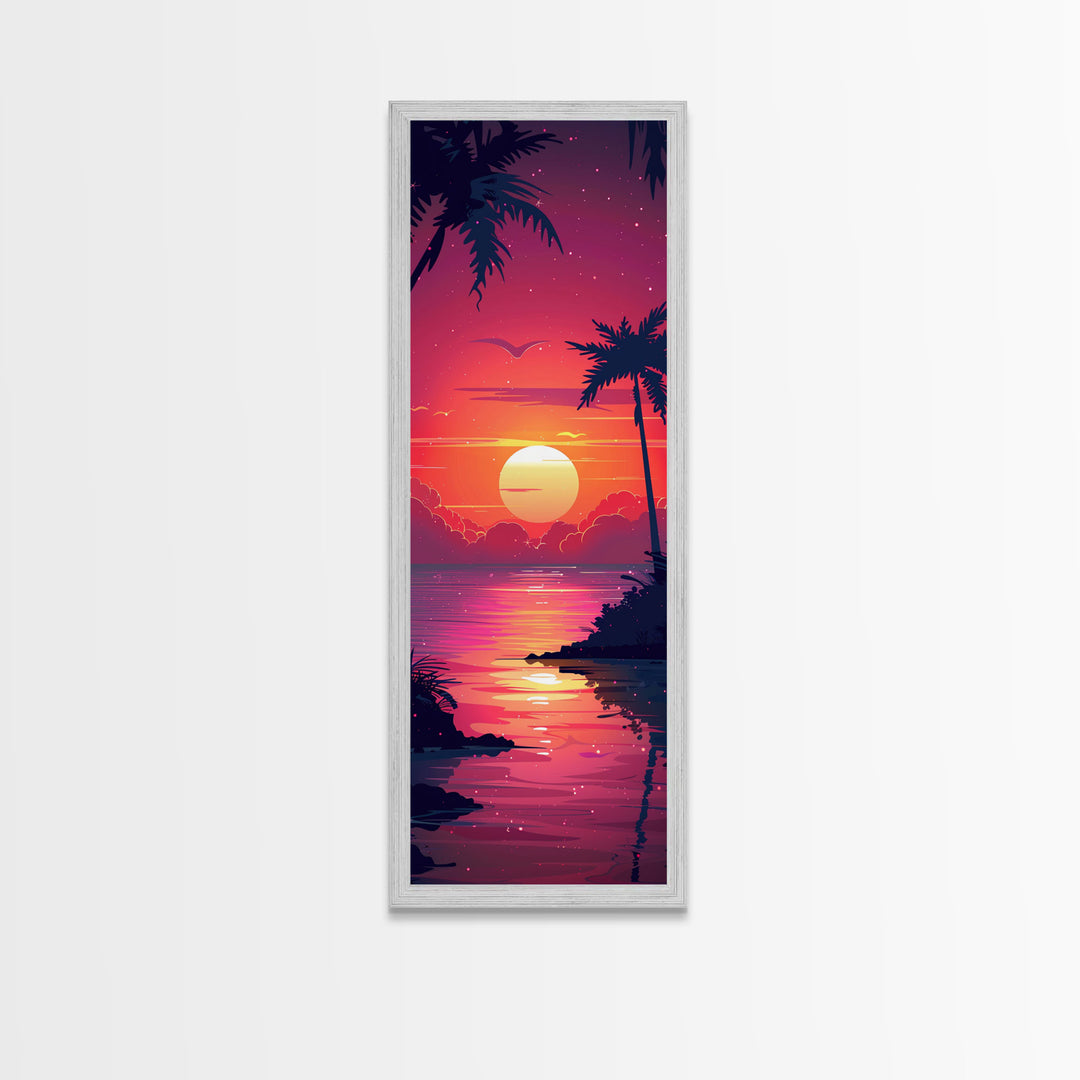 Retro Tropical Sunset Midcentury Modern Art - Framed Canvas Print, Boho Art, Skinny Art, Living Room Art, Bedroom Decor, Coastal Wall Art