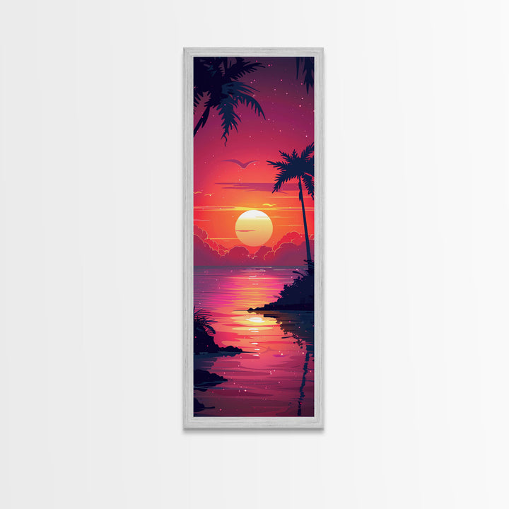 Retro Tropical Sunset Midcentury Modern Art - Framed Canvas Print, Boho Art, Skinny Art, Living Room Art, Bedroom Decor, Coastal Wall Art