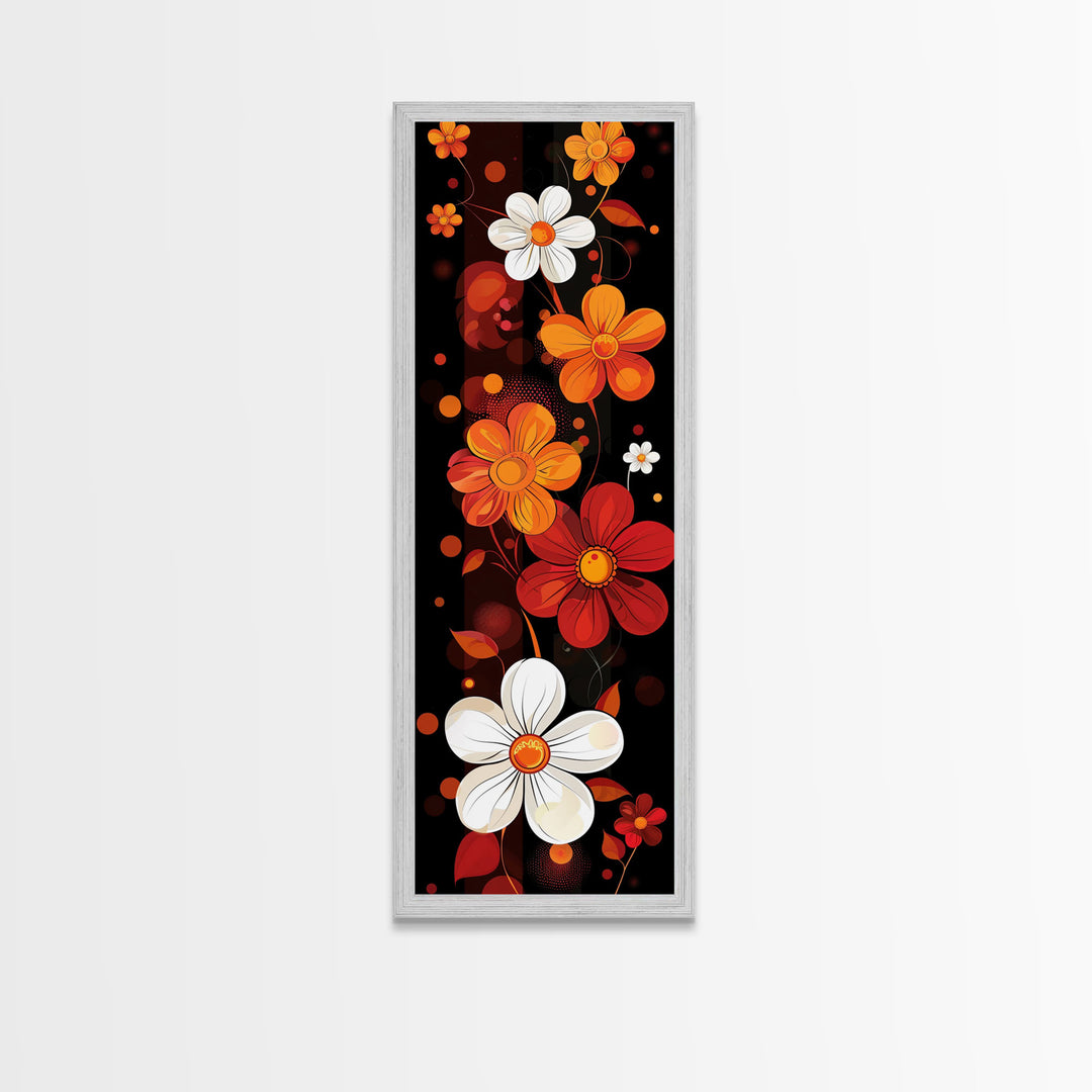 Floral Pattern in Bold Colors - Framed Canvas Print, Midcentury Modern Skinny Art, Tall Wall Art for Living Room or Bedroom Decor
