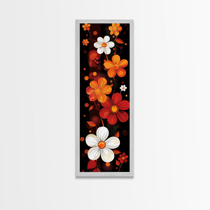 Floral Pattern in Bold Colors - Framed Canvas Print, Midcentury Modern Skinny Art, Tall Wall Art for Living Room or Bedroom Decor