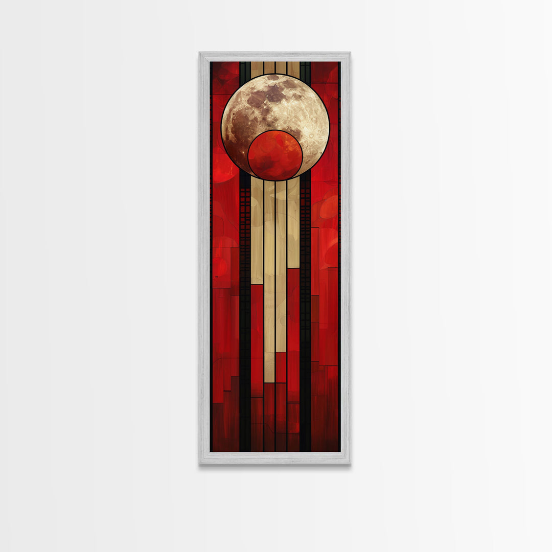 Lunar and Sun Geometric Art in Red and Beige Tones - Framed Canvas Print, Midcentury Modern Art, Skinny Art, Tall Art, Living Room Wall Decor