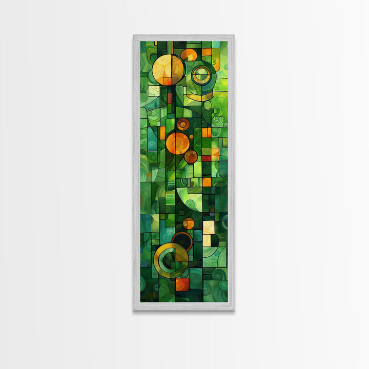 Geometric Abstract Art in Green and Yellow Tones - Framed Canvas Print, Midcentury Modern Art, Skinny Art, Tall Art, Living Room Wall Decor, Boho Art