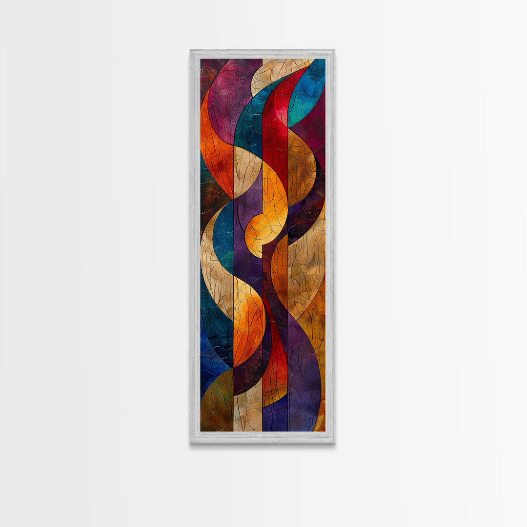 Colorful Abstract Design in Swirling Patterns - Framed Canvas Print, Midcentury Modern Art, Skinny Art, Tall Art, Living Room Wall Decor, Boho Art