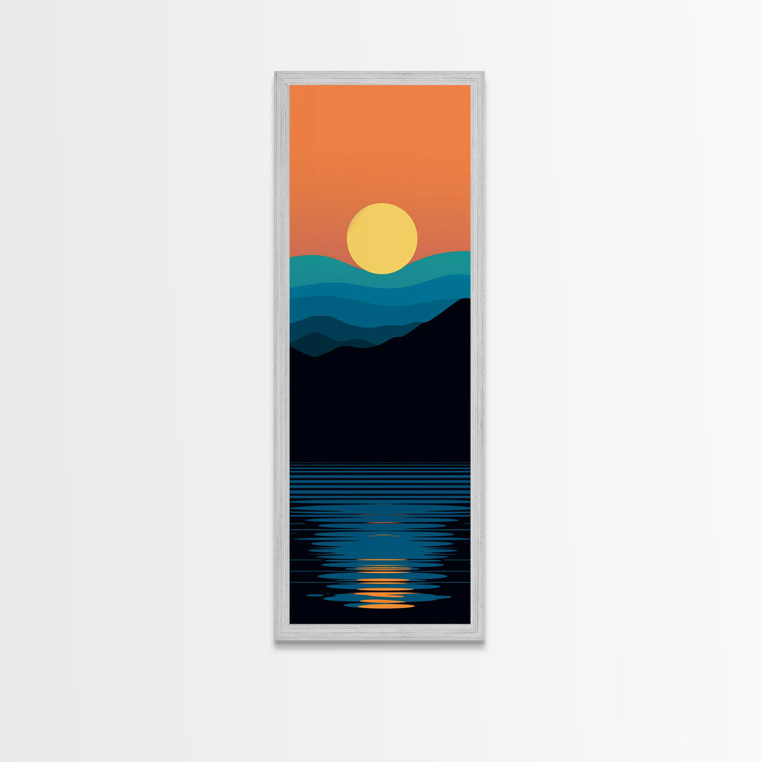 Minimalist Sunset Over Mountains Midcentury Modern Art - Framed Canvas Print, Boho Art, Skinny Art, Living Room Art, Bedroom Decor, Landscape