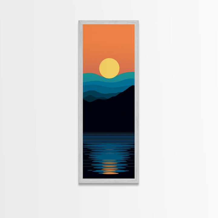 Minimalist Sunset Over Mountains Midcentury Modern Art - Framed Canvas Print, Boho Art, Skinny Art, Living Room Art, Bedroom Decor, Landscape