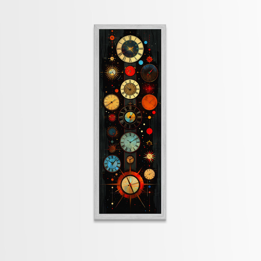 Interdimensional Wall Art, Retro Art Deco Clocks, Framed Canvas Print, Surrealist Decor