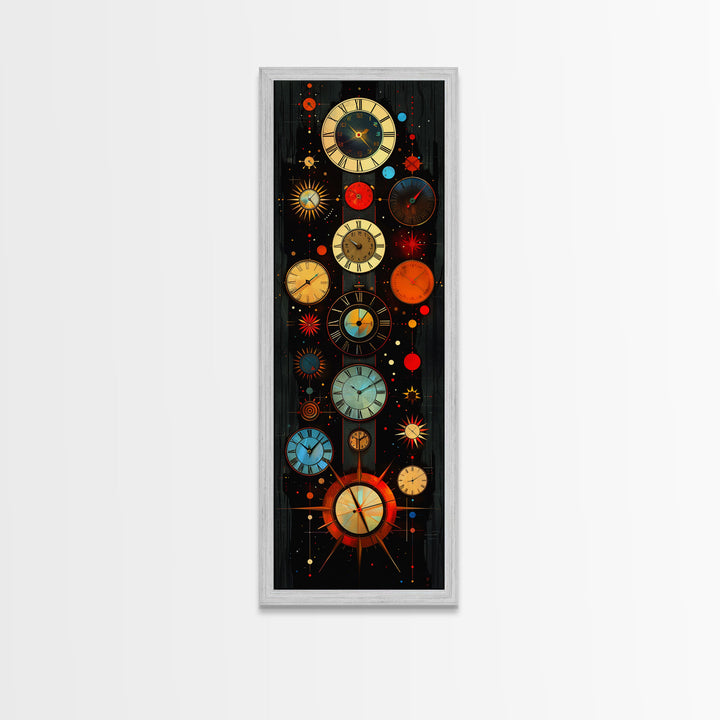 Interdimensional Wall Art, Retro Art Deco Clocks, Framed Canvas Print, Surrealist Decor