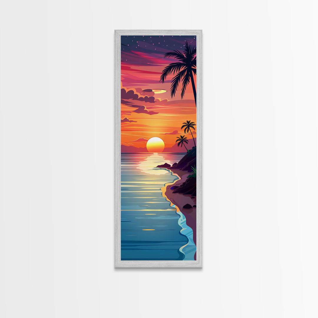 Coastal Sunset Palm Trees Midcentury Modern Art - Framed Canvas Print, Boho Art, Skinny Art, Living Room Art, Bedroom Decor, Tropical Landscape