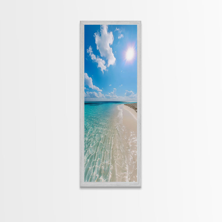 Serene Coastal Shoreline Landscape Painting in Blue and Orange Hues, Modern Framed Canvas Print, Ideal for Contemporary Wall Art Décor