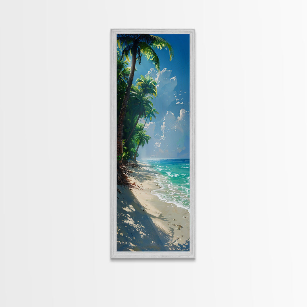 Lush Jungle With Flowing River And Bright Sunlight Skinny Art Framed Canvas Print For Living Room Or Guest Room Wall Decor