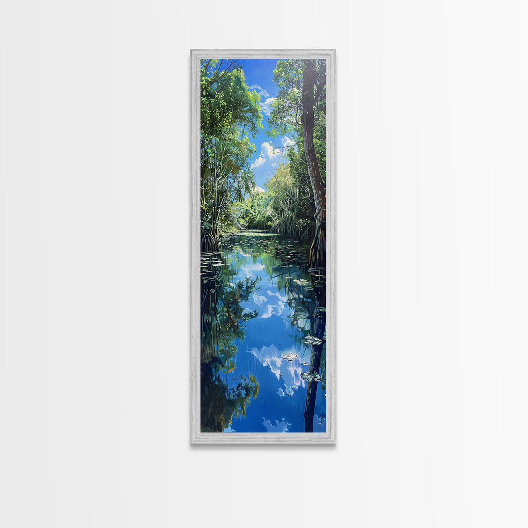 Majestic Waterfall In A Tropical Jungle Skinny Art Framed Canvas Print For Living Room Or Guest Room Wall Art