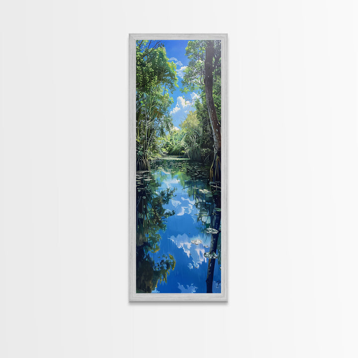 Majestic Waterfall In A Tropical Jungle Skinny Art Framed Canvas Print For Living Room Or Guest Room Wall Art