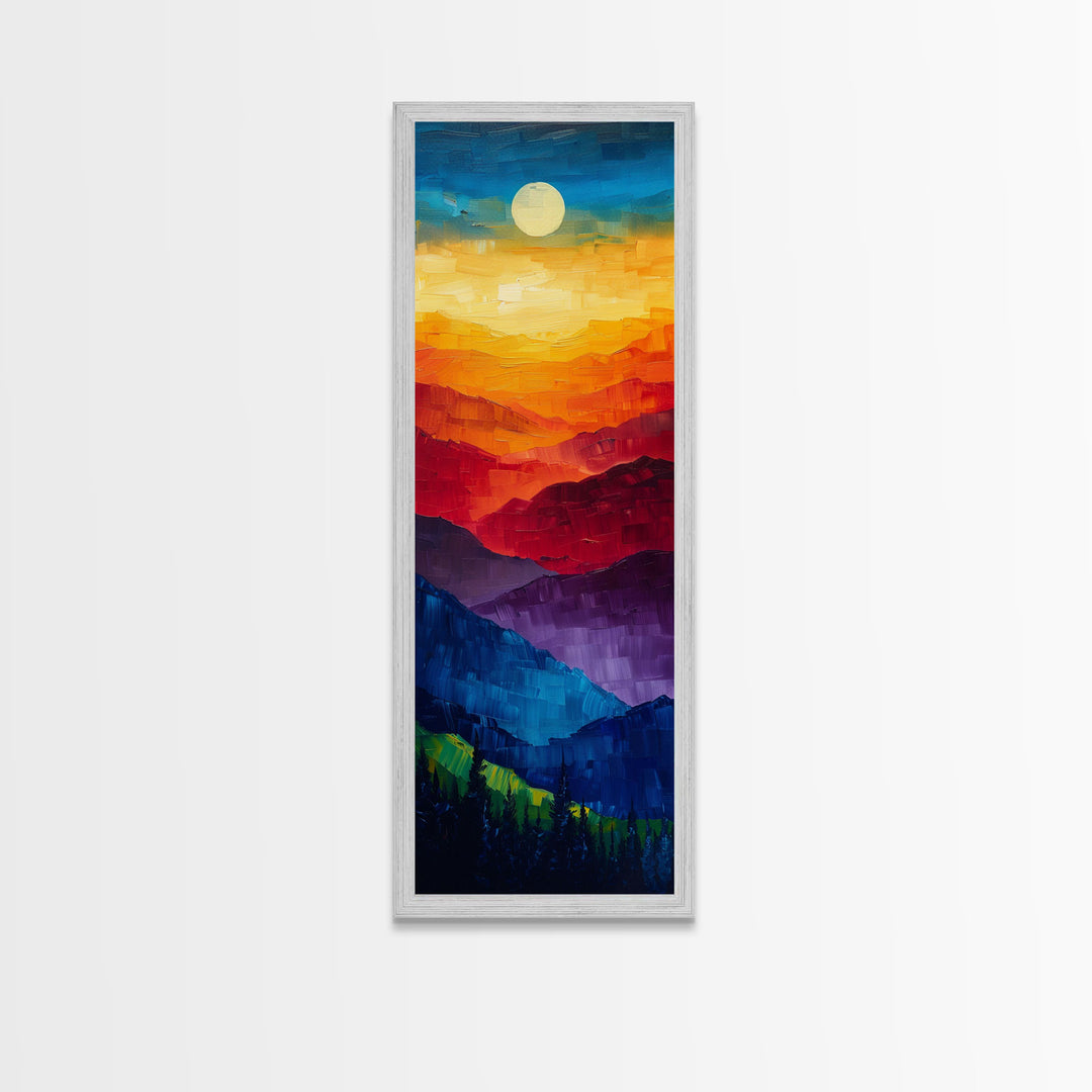 Colorful Mountains Under Moonlight - Framed Canvas Print, Skinny Tall Art, Wall Art for Living Room, Bedroom Decor, Landscape Painting, Panoramic Art