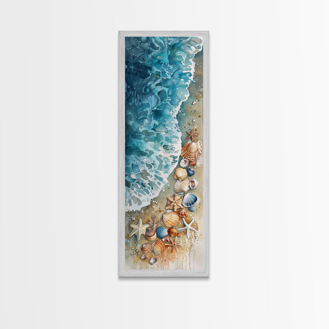 Coastal Beach Watercolor Painting - Framed Canvas Print, Skinny Tall Art, Wall Art for Living Room, Bedroom Decor, Beach Scene Art, Ocean View Print