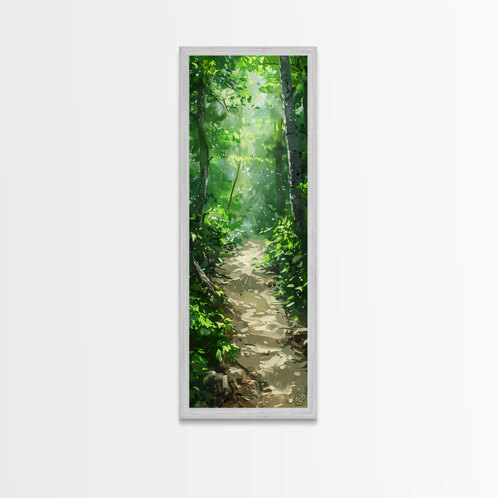 Lush Forest Pathway Art - Framed Canvas Print, Farmhouse Art, Boho Art, Skinny Art, Tall Art, Living Room Decor, Nature Wall Art for Home Decor