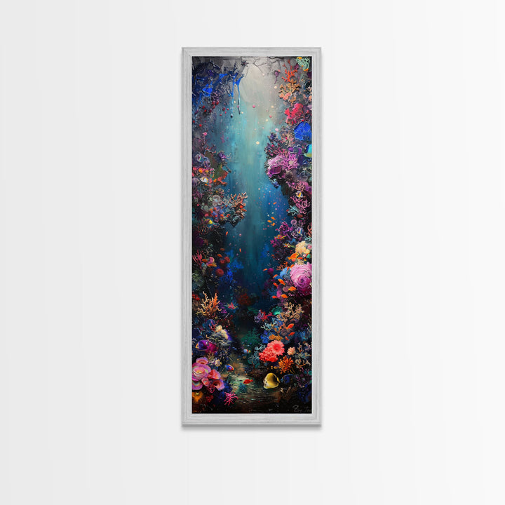 Deep Sea Adventure with Colorful Coral Reefs, Skinny and Tall Art, Stunning Framed Canvas Print, Underwater Landscape Wall Art