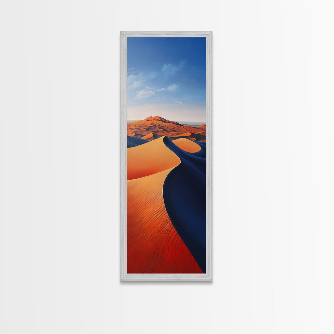 Serene Desert Dunes Under a Clear Sky, Skinny and Tall Art, Minimalist Framed Canvas Print, Modern Wall Decor